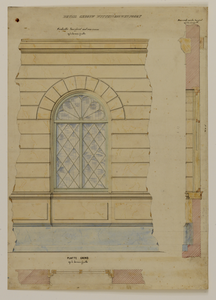 216520 Plattegrond, opstand en doorsnede van een gedeelte van de voorgevel met venster van het ontwerp voor een ...